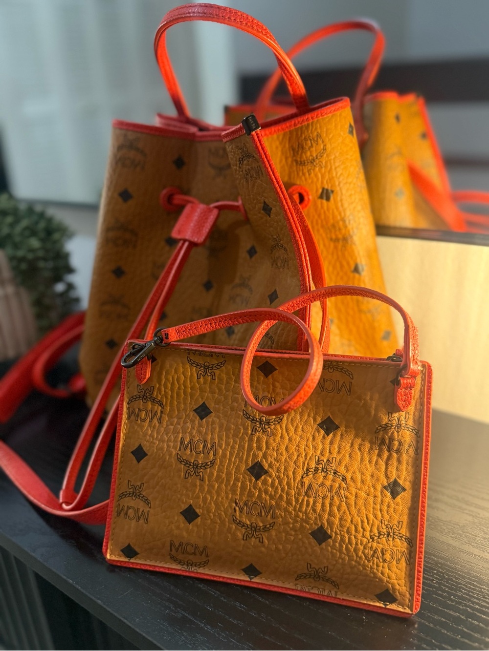 MCM Cognac Visetos Bucket Bag with Red Trim - Picture 10 of 10